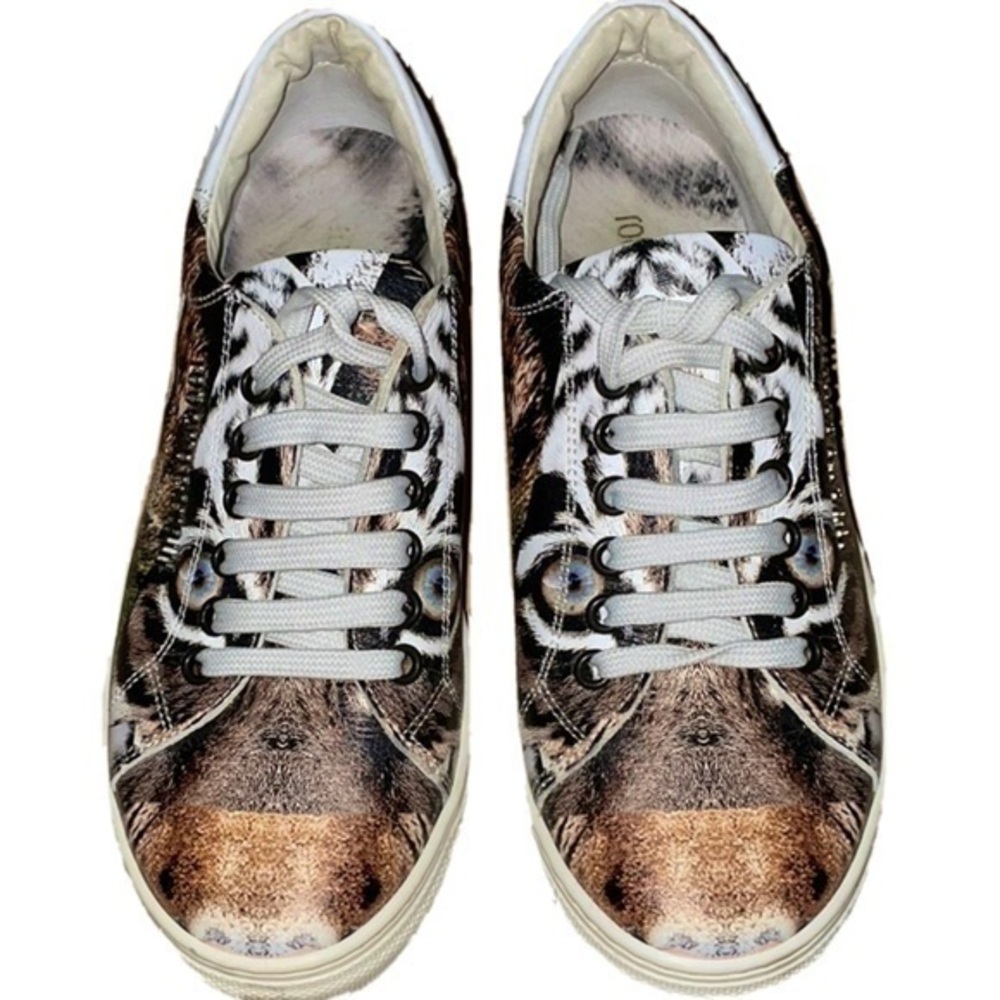 Roberto Cavalli Italy Animal Print Jaguar White Sneakers  Genuine Leather 36